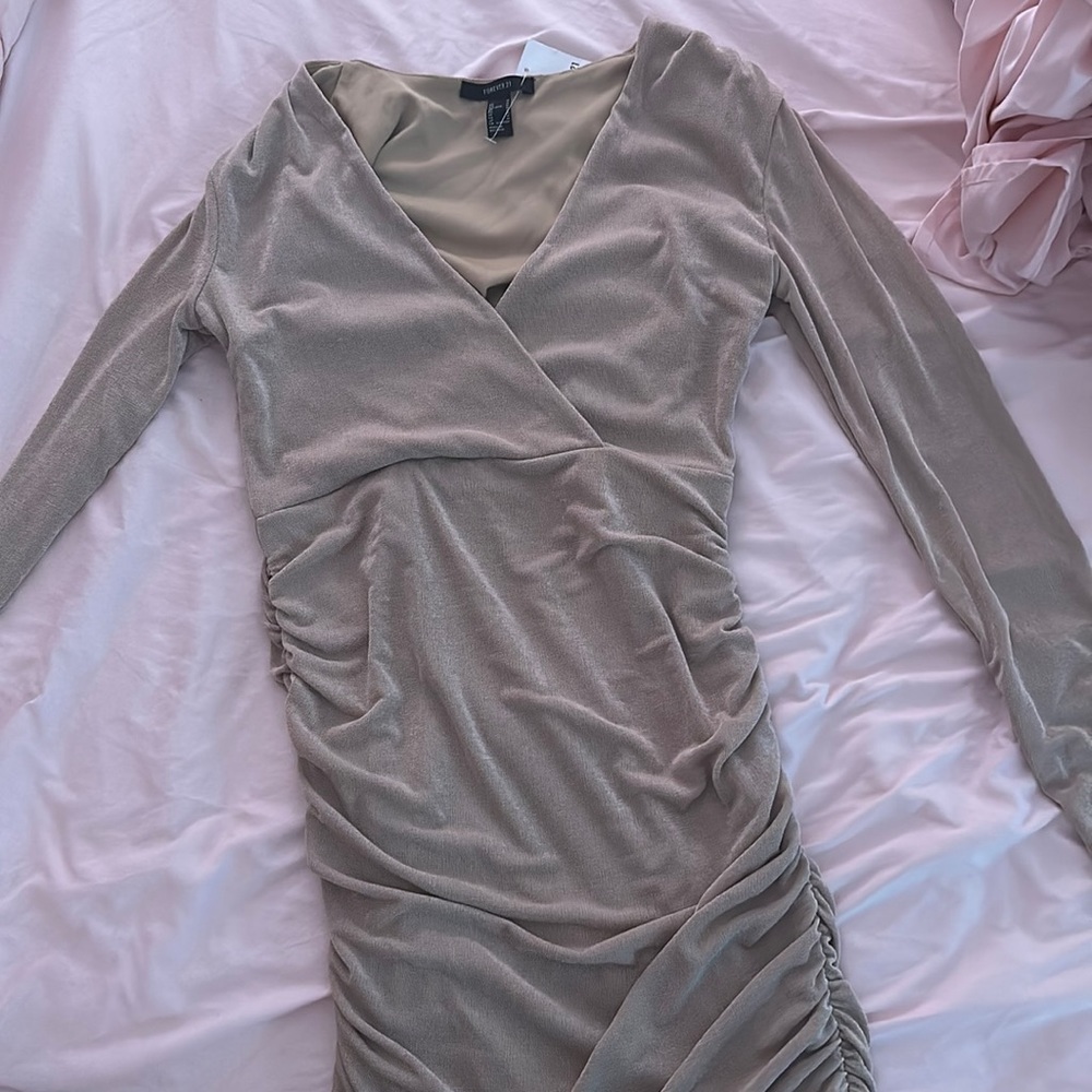 NWT shimmer ruched long sleeve gold dress